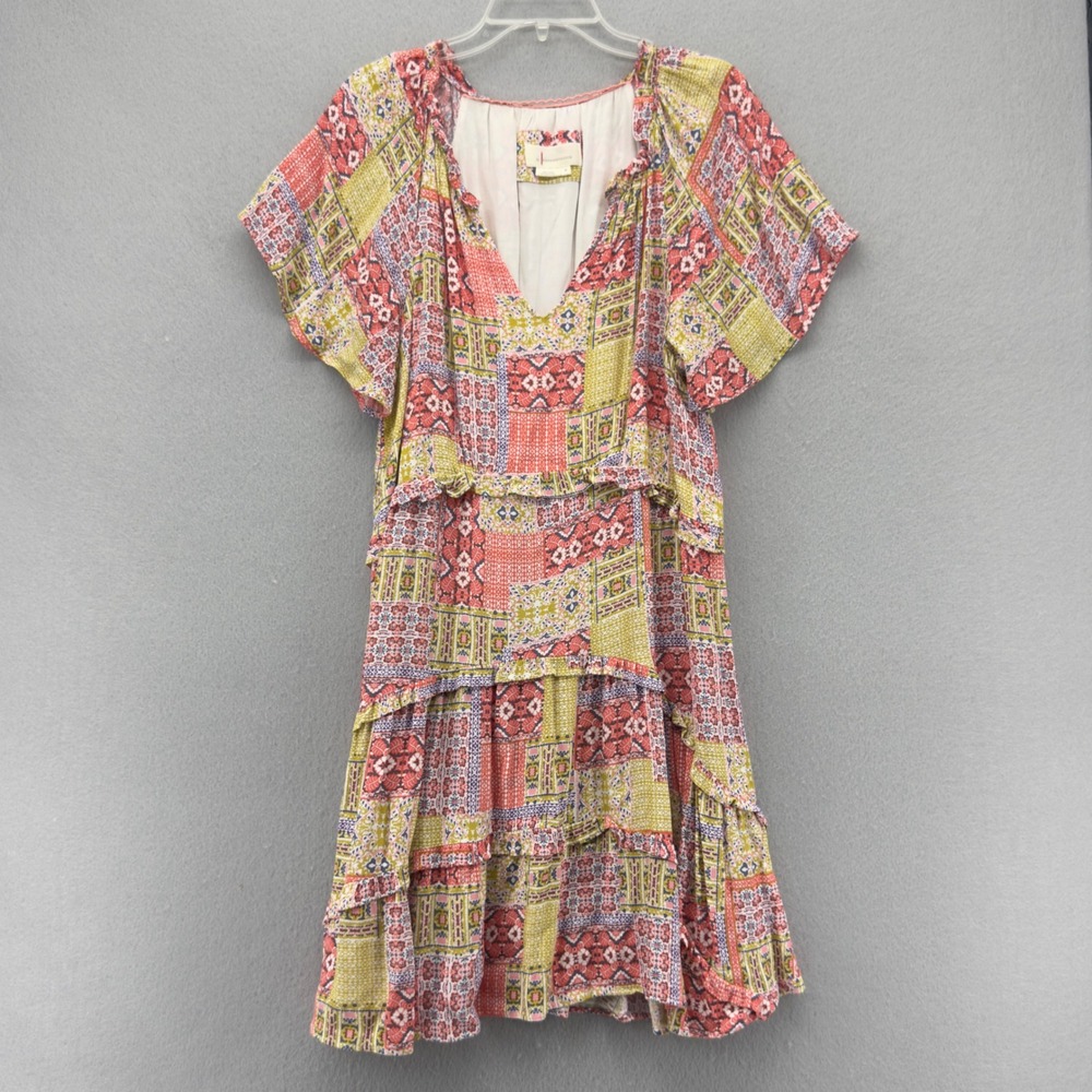 Anthropologie Robin Tiered Patchwork Ruffled V Neck‎ Dress Size M